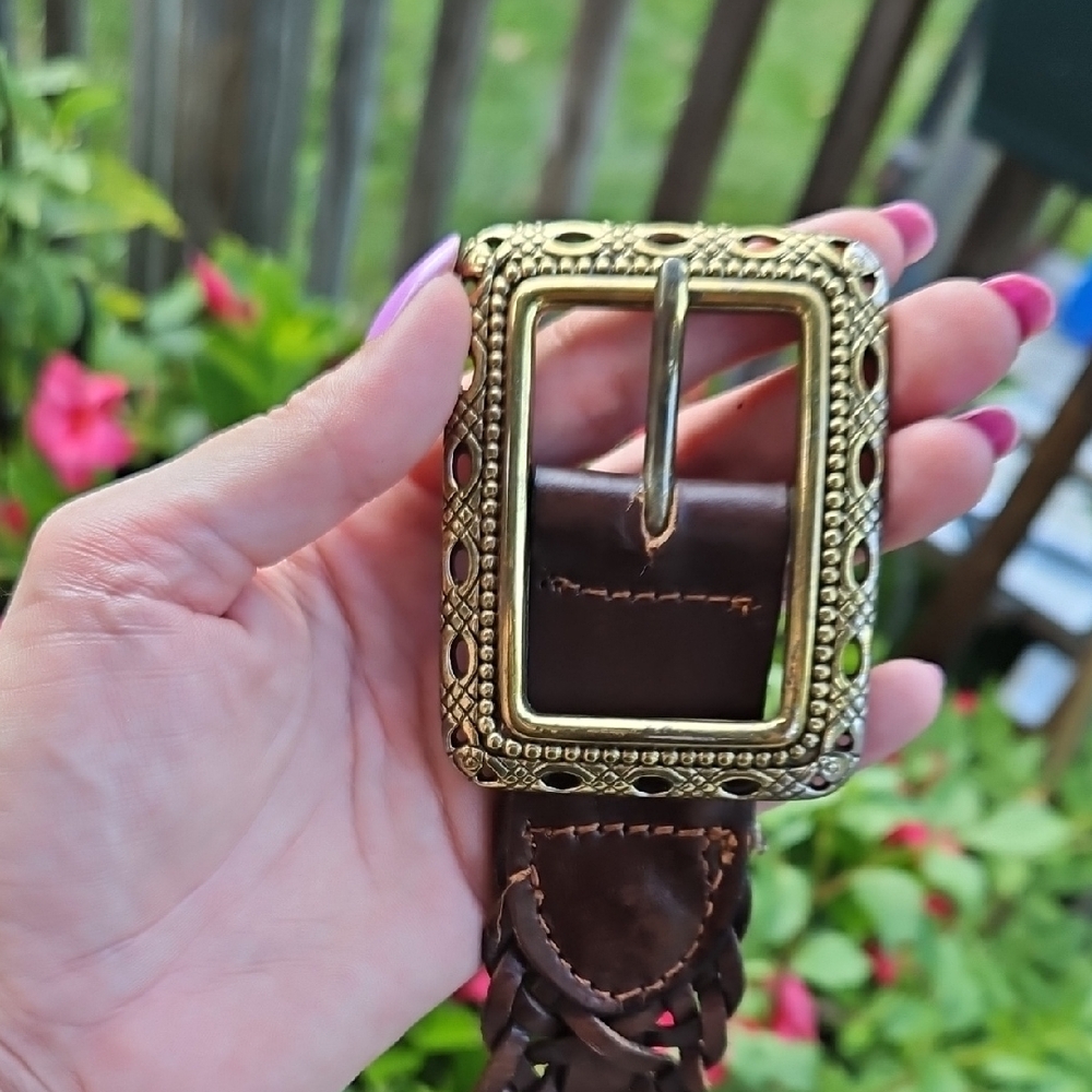 Brown Leather Belt with Lattice Design & Gold Buckle